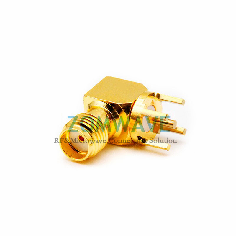 SMA Female Right Angle Thru Hole PCB Connector, .201 inch x .051 inch Hole, 18GH