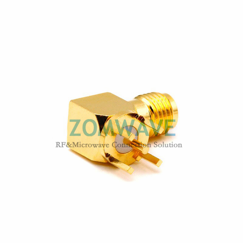 SMA Female Right Angle Thru Hole PCB Connector, .201 inch x .051 inch Hole, 18GH