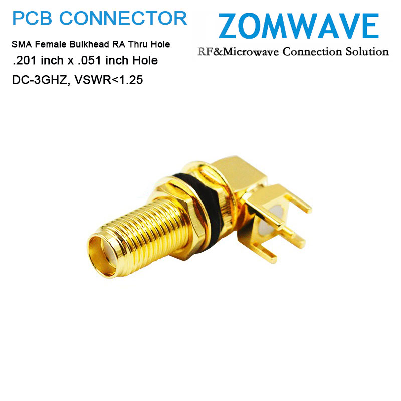 SMA Female Bulkhead RA Thru Hole PCB Connector, .201 inch x .051 inch Hole,3GHZ