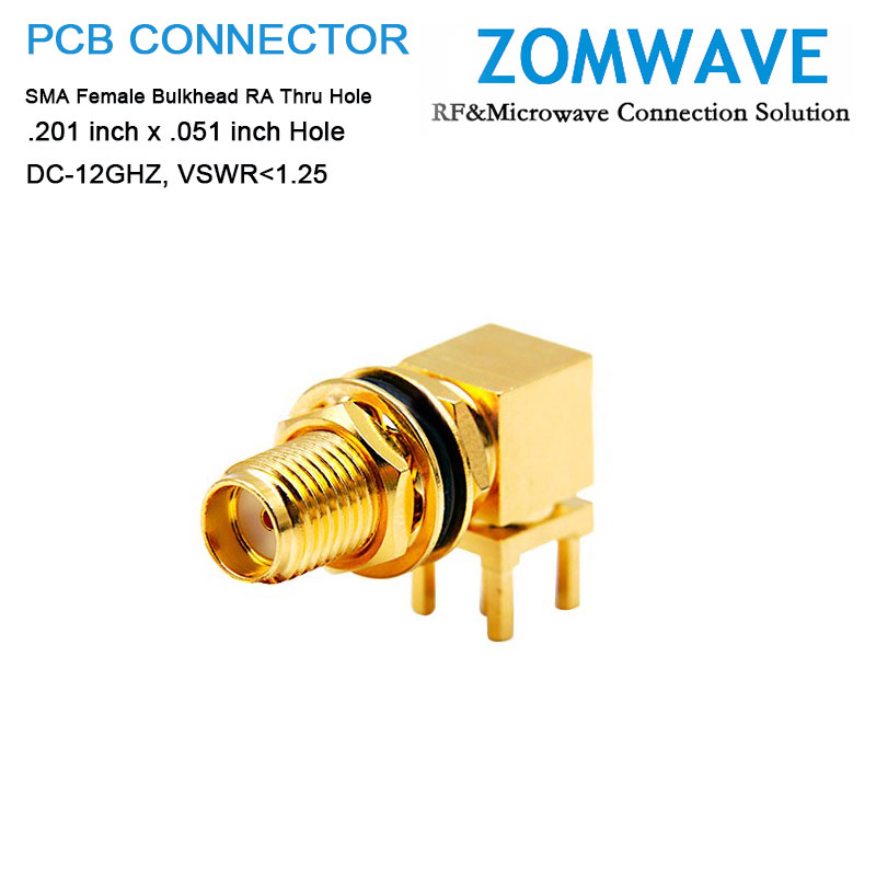 SMA Female Bulkhead RA Thru Hole PCB Connector, .201 inch x .051 inch Hole, 12GH