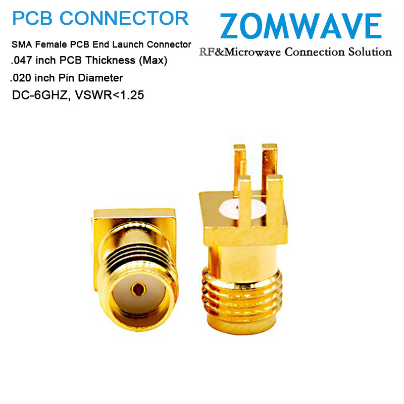 SMA (F)PCB End Launch, .047 inch PCB Thickness (Max), .020 inch Pin Diameter, 6G