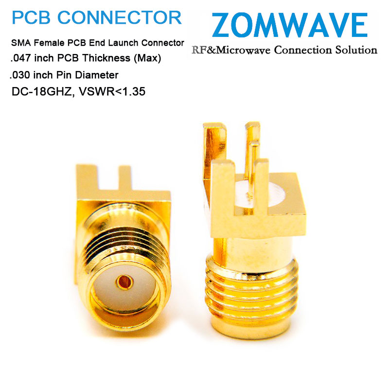 SMA Female PCB End Launch, .047 inch PCB Thickness (Max), .030 inch Pin, 18GHZ