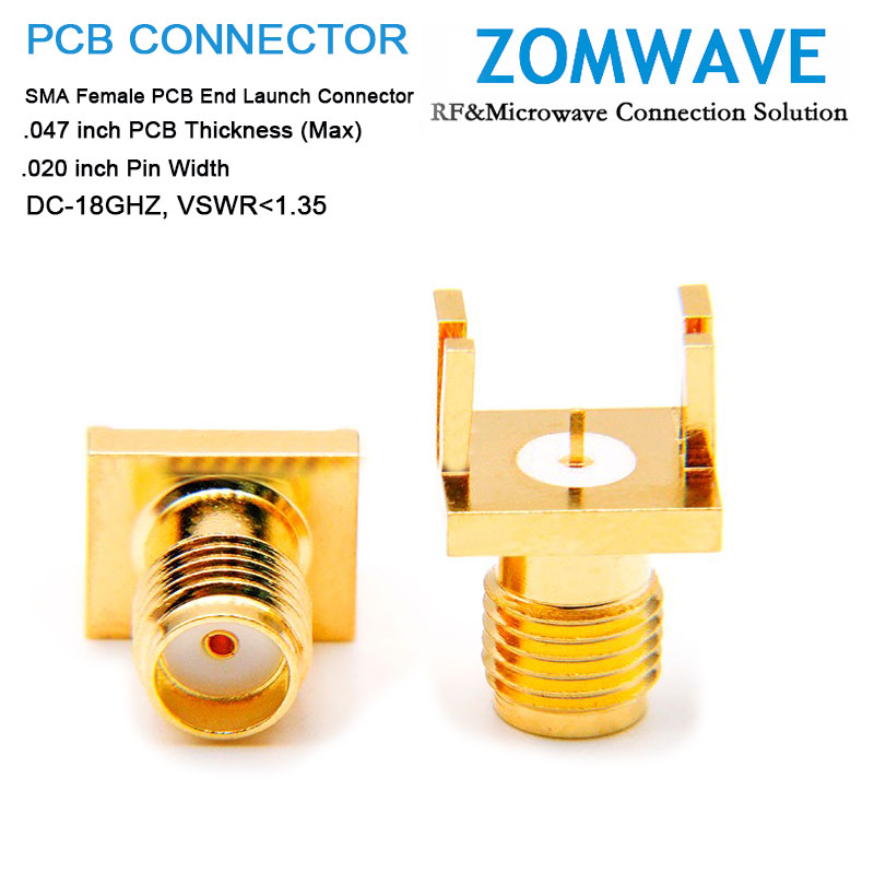 SMA Female PCB End Launch, .047inch PCB Thickness (Max), .020 inch Pin Width,18G