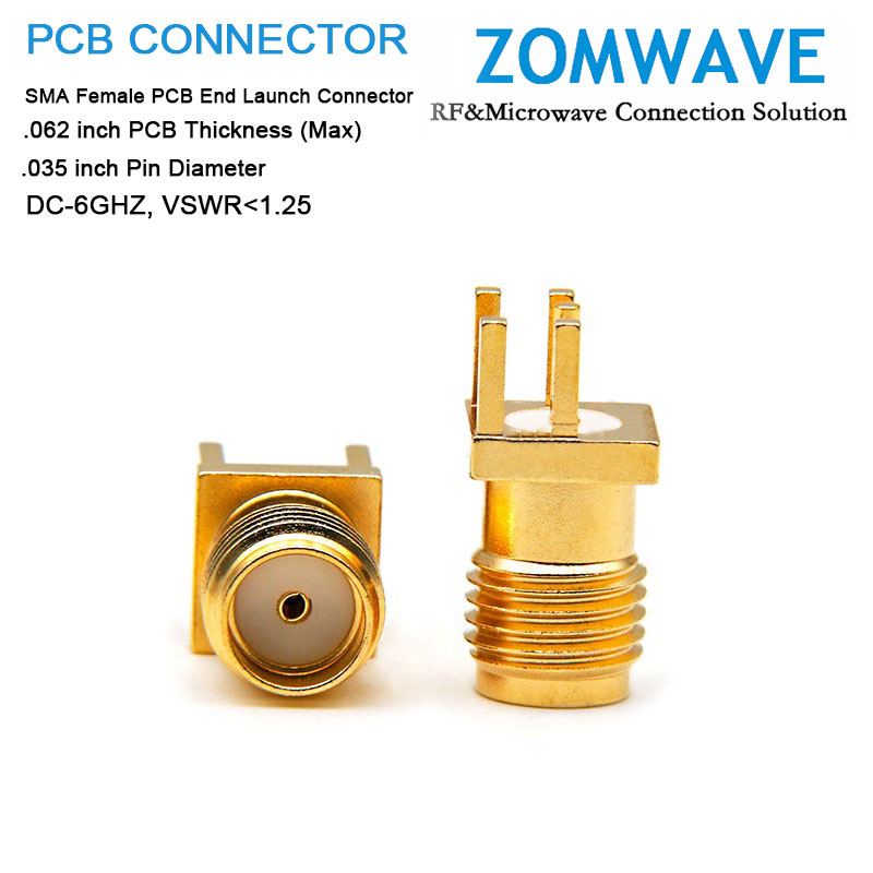 SMA Female PCB End Launch, .062 inch PCB Thickness (Max), .035 inch Pin Dia, 6G