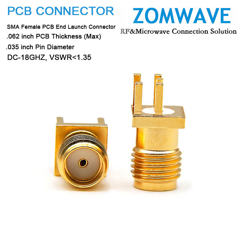 SMA(F) PCB End Launch, .062 inch PCB Thickness (Max), .035 inch Pin Diameter,18G