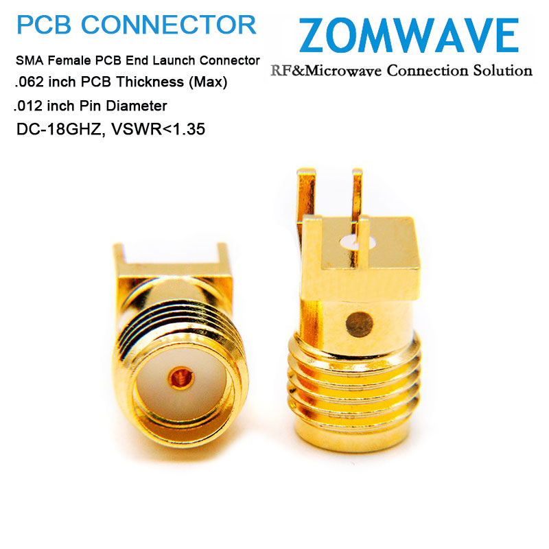 SMA Female PCB End Launch .062 inch PCB Thickness (Max), .012 inch Pin, 18GHZ