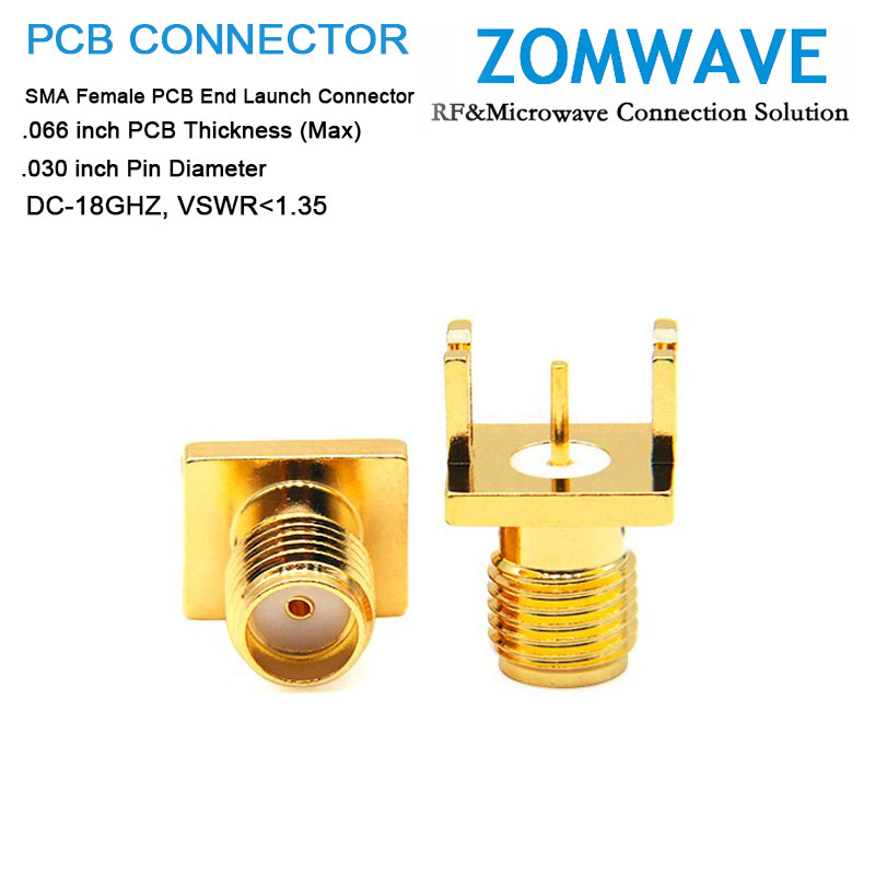 SMA Female PCB End Launch, .066 inch PCB Thickness (Max), .030 inch Pin, 18G