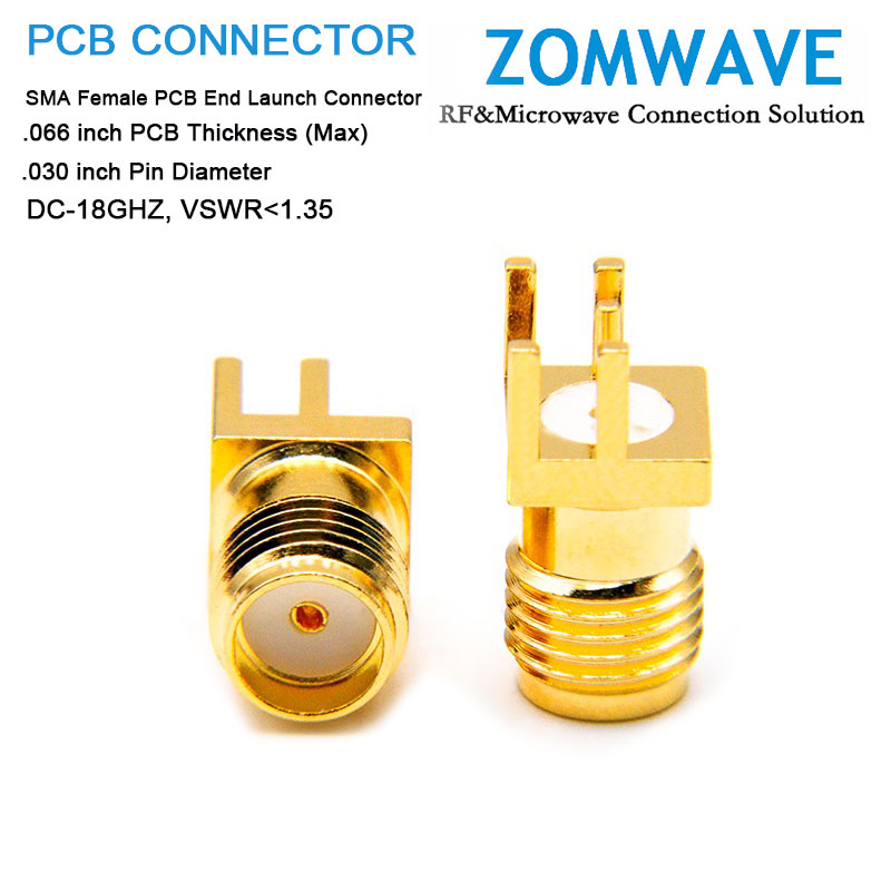 SMA Female PCB End Launch, .066 inch PCB Thickness (Max), .030 inch Pin,18ghz