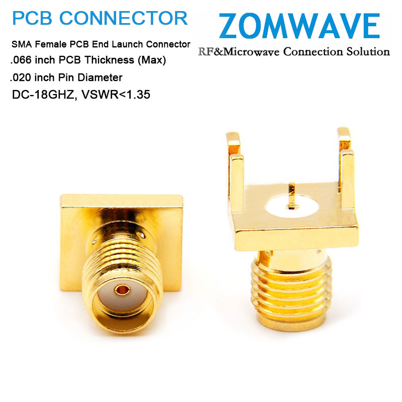 SMA Female PCB End Launch, .066 inch PCB Thickness (Max), .020 inch Pin width,18