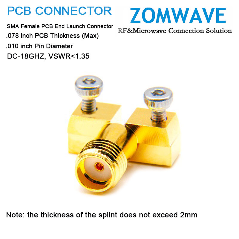 SMA Female Solderless PCB End Launch, .078inch PCB Thickness (Max), .010inch Pin