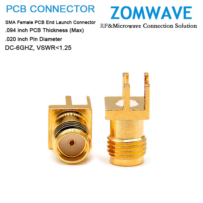 SMA Female PCB End Launch, .094 inch PCB Thickness (Max), .020 inch Pin, 6gzh
