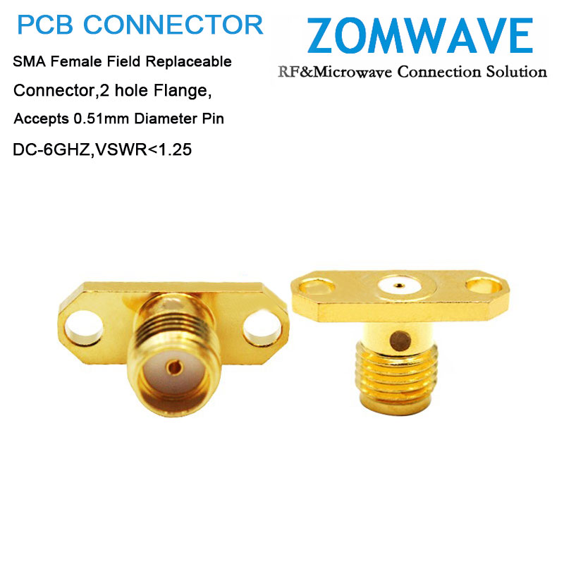 SMA Female Field Replaceable, 2 hole Flange, Accepts 0.51mm Diameter Pin, 6GHZ