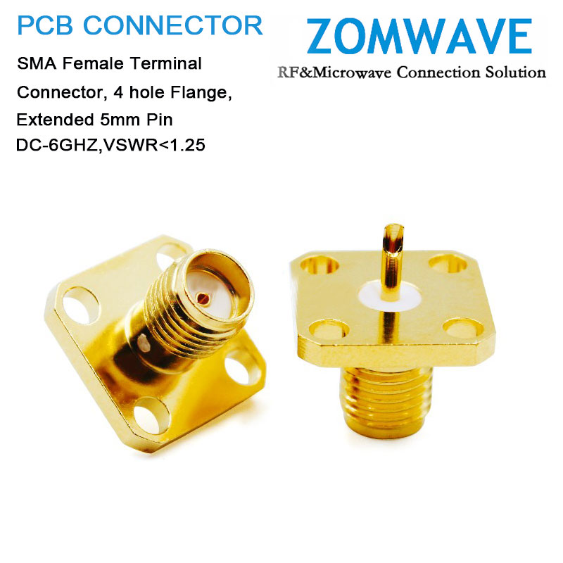 SMA Female Terminal Connector, 4 hole Flange, Extended 5mm Pin, 6G