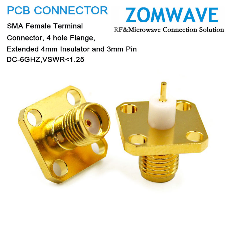 SMA Female Terminal Connector,4 hole Flange,Extended 4mm Insulator and 3mm Pin,6