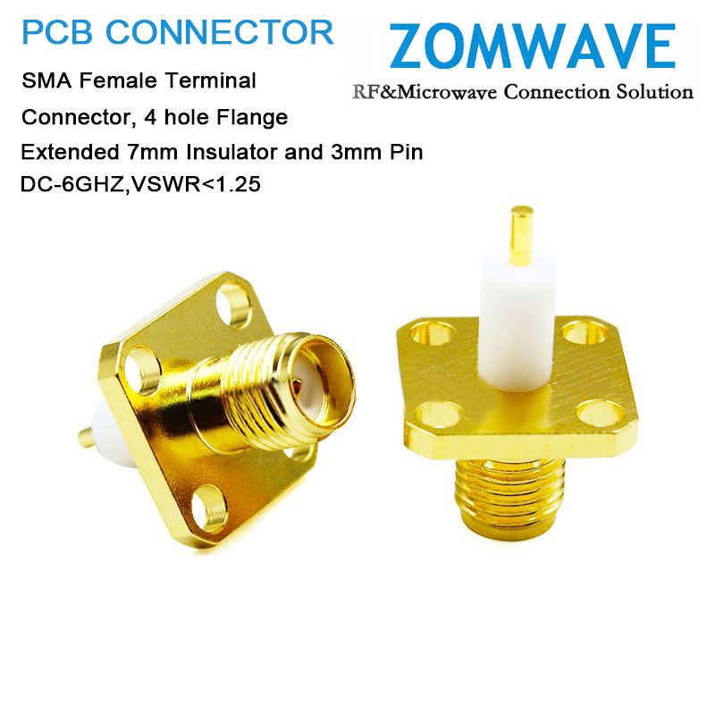 SMA Female Terminal Connector,4 hole Flange,Extended 7mm Insulator and 3mm Pin,6