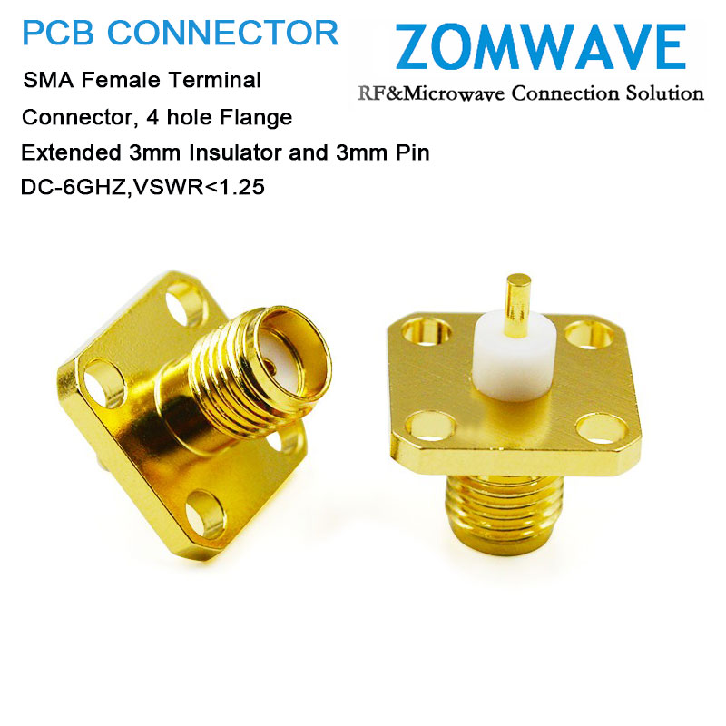 SMA Female Terminal Connector,4 hole Flange,Extended 3mm Insulator and 3mm Pin,6