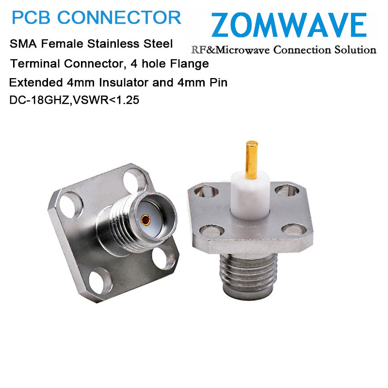 SMA Female Stainless Steel Terminal,4 hole Flange, 4mm Insulor and 4mm Pin,18G