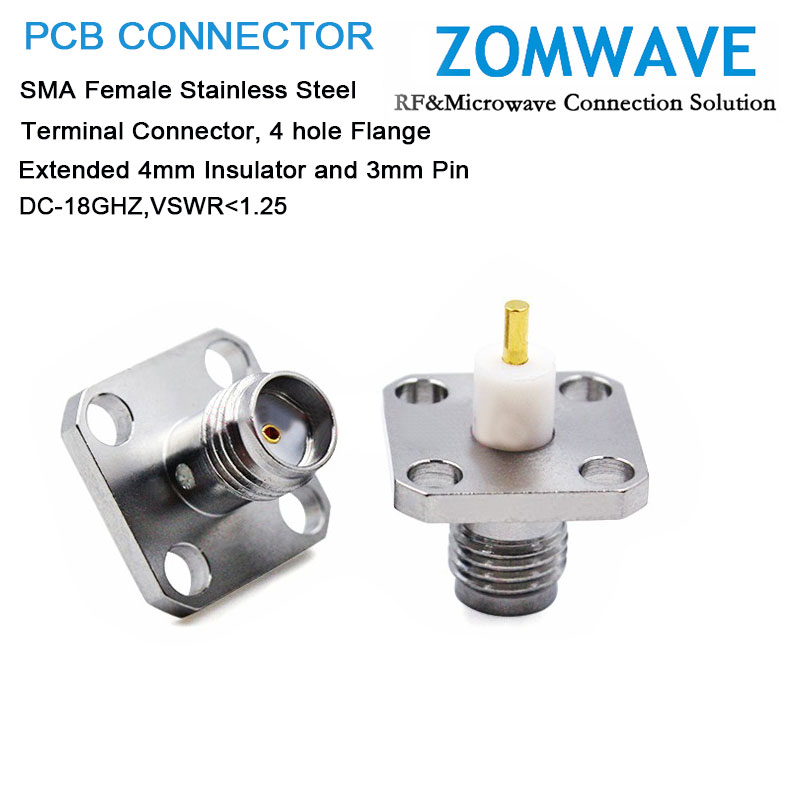 SMA Female Stainless Steel Terminal,4 hole Flange,4mm Insulator and 3mm Pin, 18G