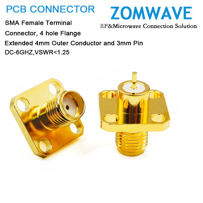 SMA Female Terminal, 4 hole Flange, Extended 4mm Outer Conductor and 3mm Pin,6Gh