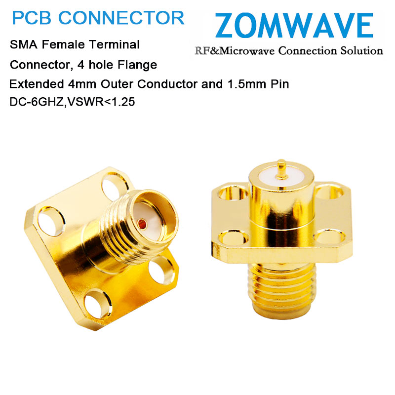 SMA Female Terminal,4 hole Flange,Extended 4mm Outer Conductor and 1.5mm Pin, 6G