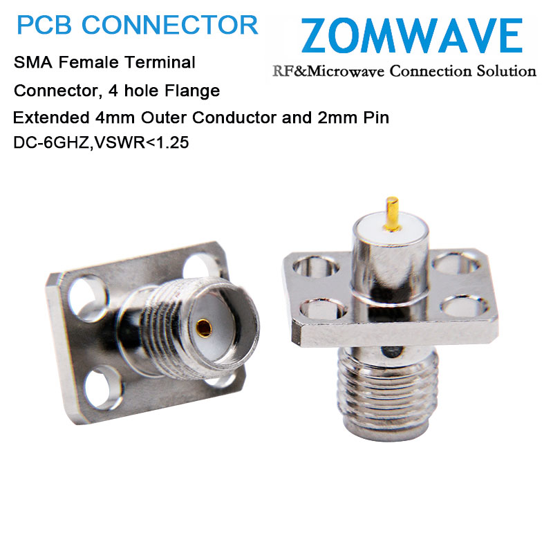 SMA Female Terminal, 4 hole Flange, Extended 4mm Outer Conductor and 2mm Pin，6G