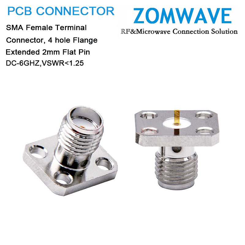 SMA Female Terminal Connector, 4 hole Flange, Extended 2mm Flat Pin, 6G