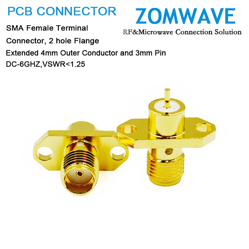 SMA Female Terminal, 2 hole Flange, Extended 4mm Outer Conductor and 3mm Pin,6GH