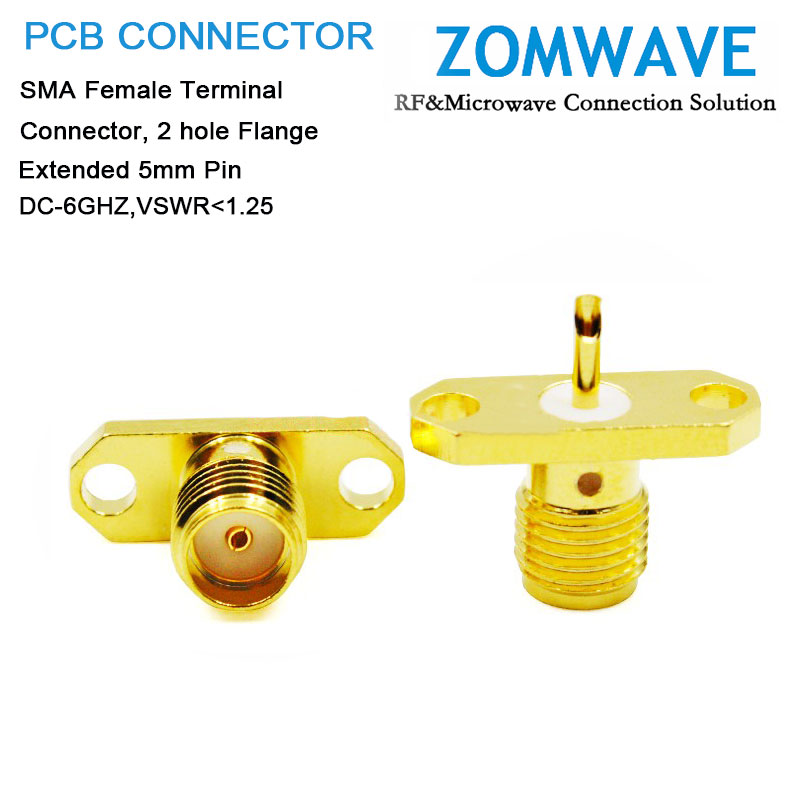 SMA Female Terminal Connector, 2 hole Flange, Extended 5mm Pin, 6G