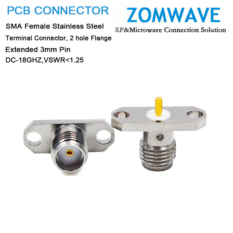 SMA Female Stainless Steel Terminal, 2 hole Flange, Extended 3mm Pin,18Ghz