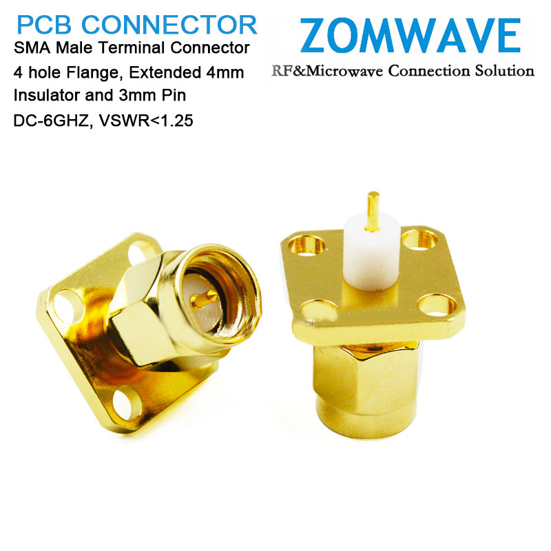 SMA Male Terminal Connector,4 hole Flange, Extended 4mm Insulator and 3mm Pin,6G