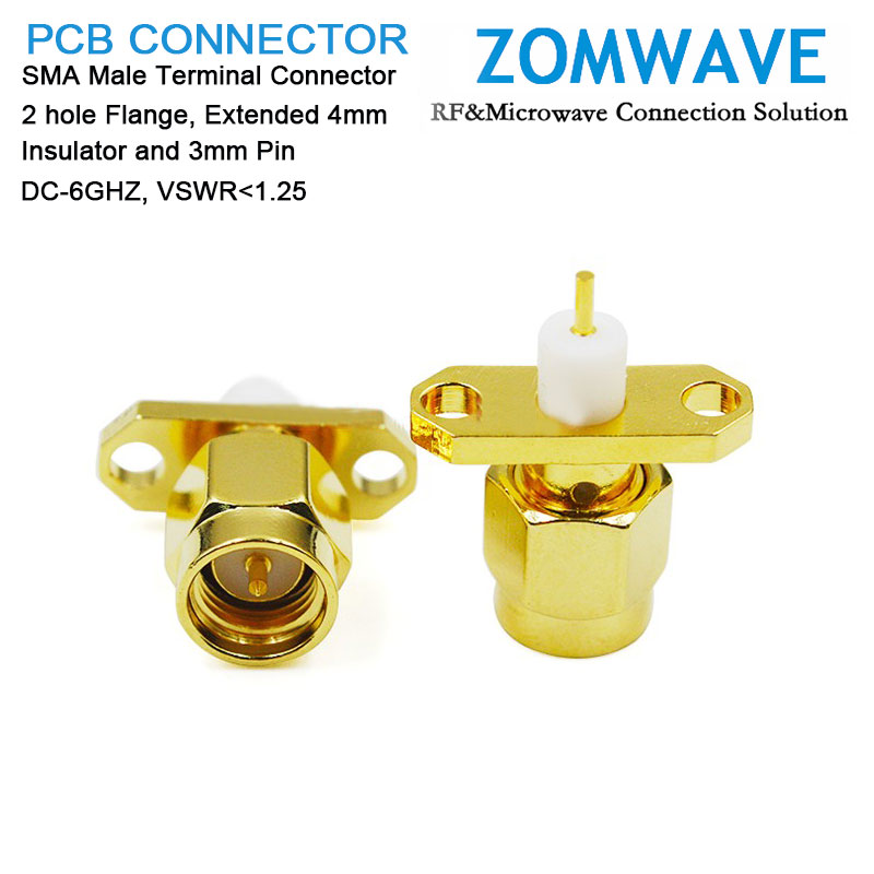 SMA Male Terminal Connector,2 hole Flange,Extended 4mm Insulator and 3mm Pin,6GH