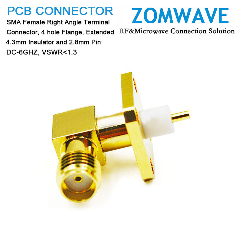 SMA Female RA Terminal, 4 hole Flange, Extended 4.3mm Insulator and 2.8mm Pin,6G