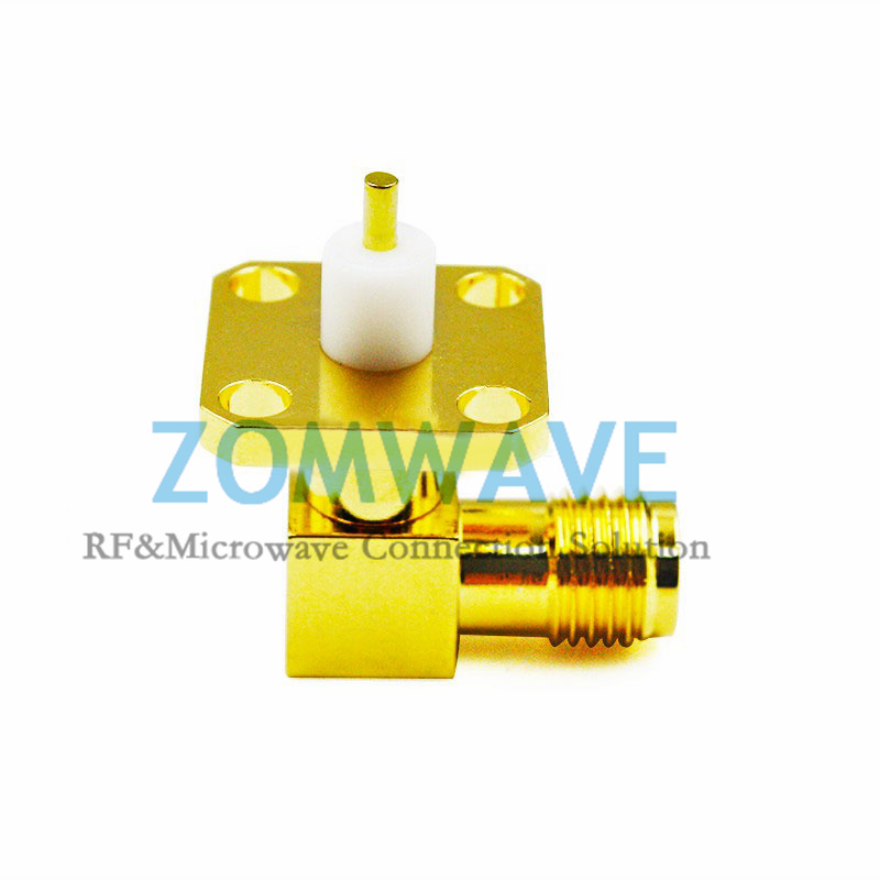 SMA Female RA Terminal, 4 hole Flange, Extended 4.3mm Insulator and 2.8mm Pin,6G
