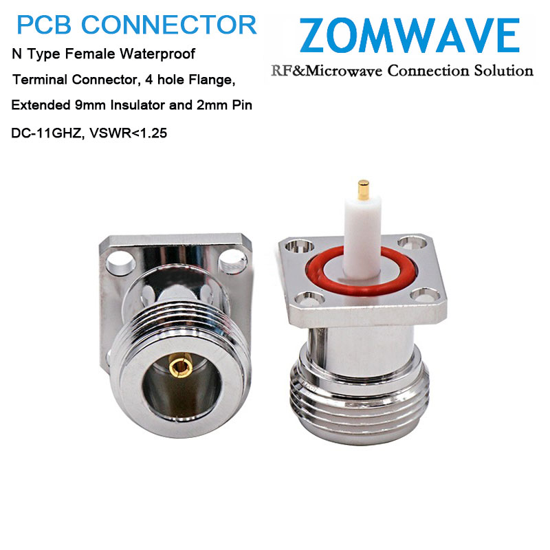 N Female Waterproof Terminal,4 hole Flange,  9mm Insulator and 2mm Pin, 11Ghz