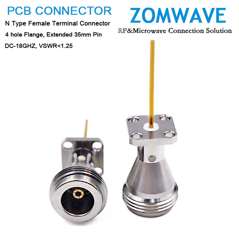 N Type Female Terminal Connector, 4 hole Flange, Extended 35mm Pin, 18GHz