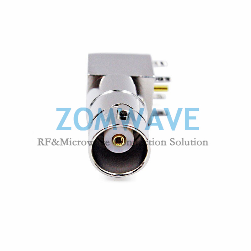 BNC Female Right Angle Thru Hole PCB Connector, .260 inch x .067 inch Hole, 4GHz