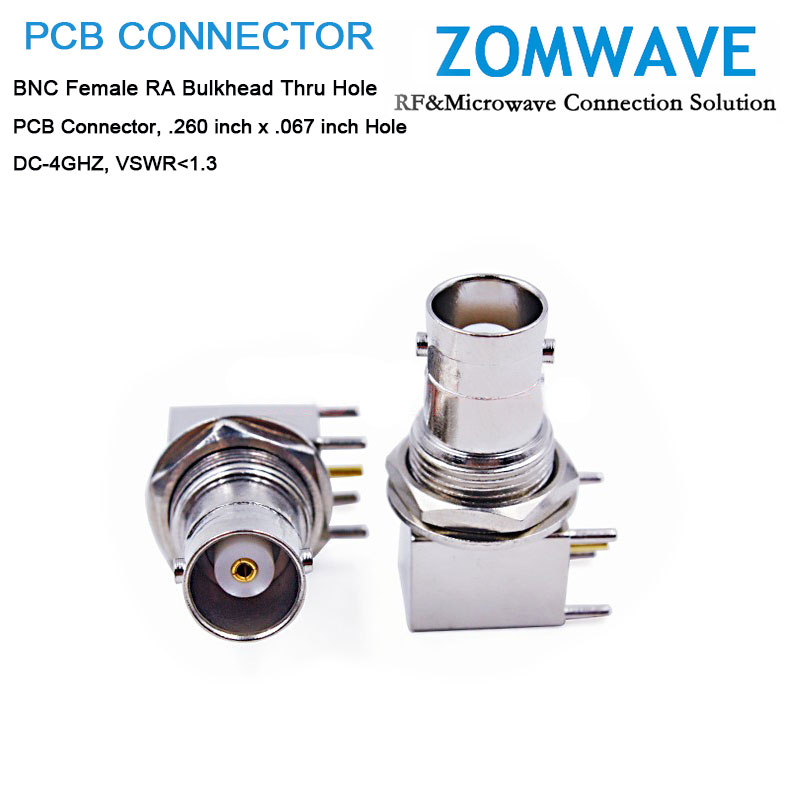 BNC Female Right Angle Bulkhead Thru Hole, .260 inch x .067 inch Hole, 4GHz