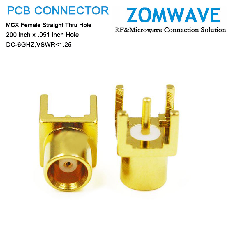 MCX Female Straight Thru Hole PCB Connector, .200 inch x .051 inch Hole, 6GHz