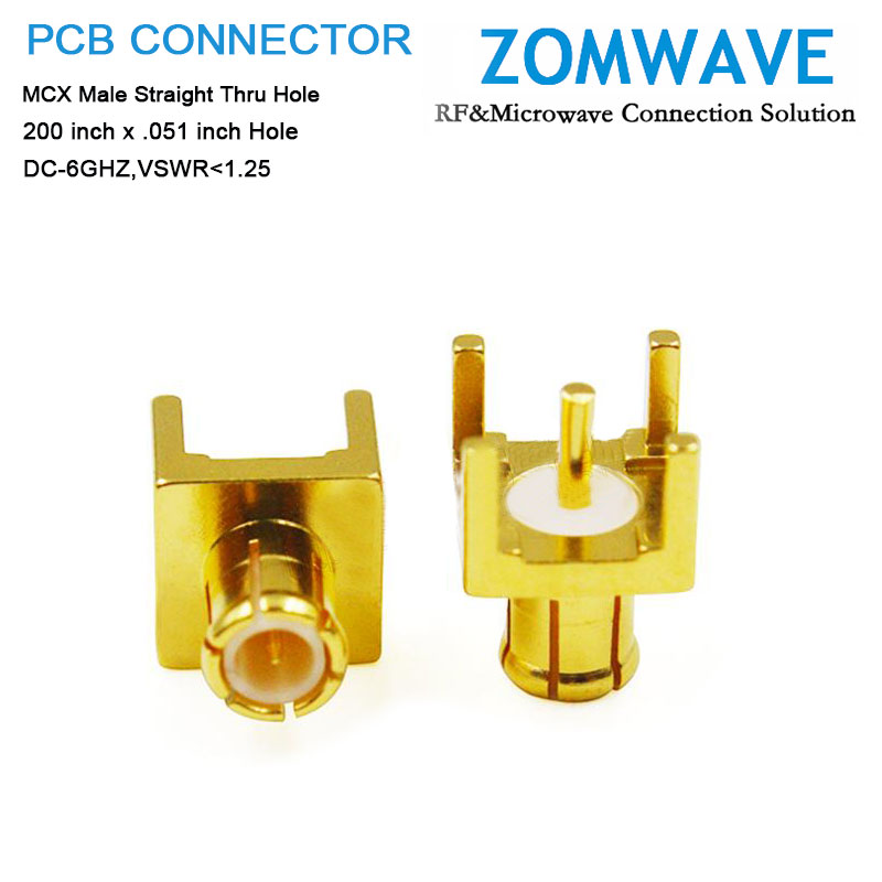 MCX Male Straight Thru Hole PCB Connector, .200 inch x .051 inch Hole, 6GHz