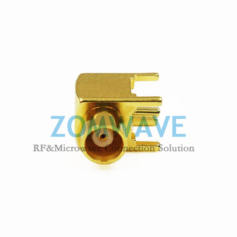 MCX Female Right Angle Thru Hole PCB Connector, .200 inch x .051 inch Hole, 6GHz