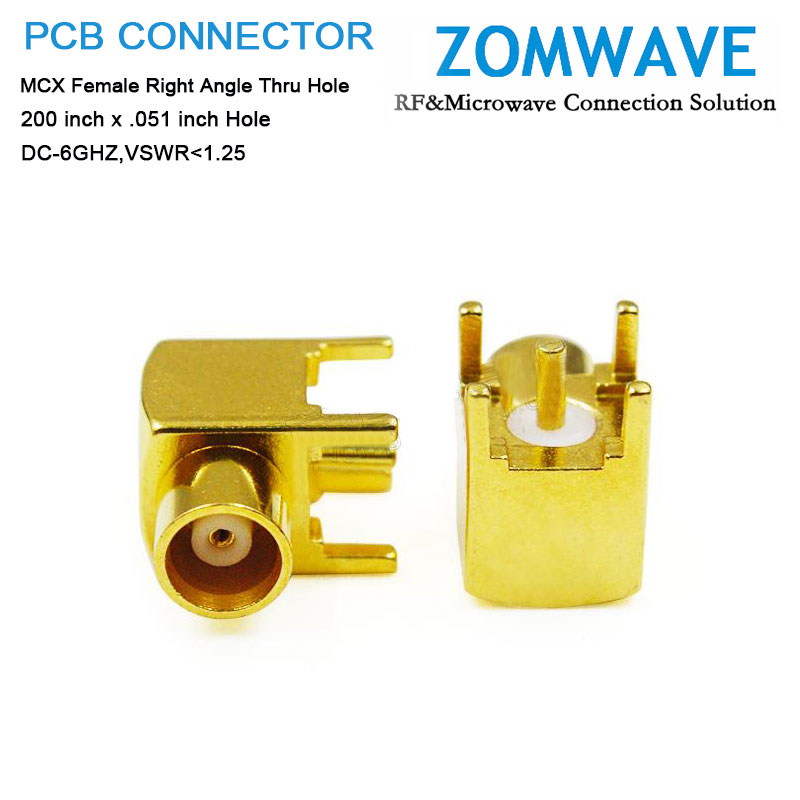 MCX Female Right Angle Thru Hole PCB Connector, .200 inch x .051 inch Hole, 6GHz