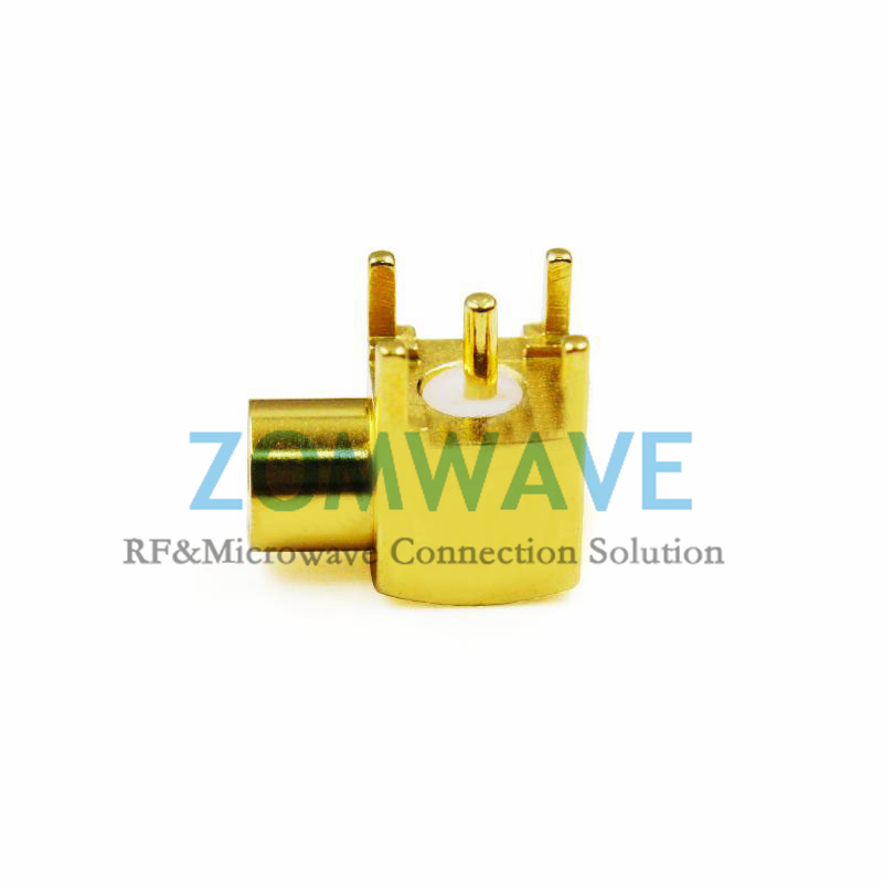 MCX Female Right Angle Thru Hole PCB Connector, .200 inch x .051 inch Hole, 6GHz