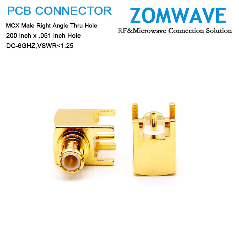 MCX Male Right Angle Thru Hole PCB Connector, .200 inch x .051 inch Hole, 6GHz