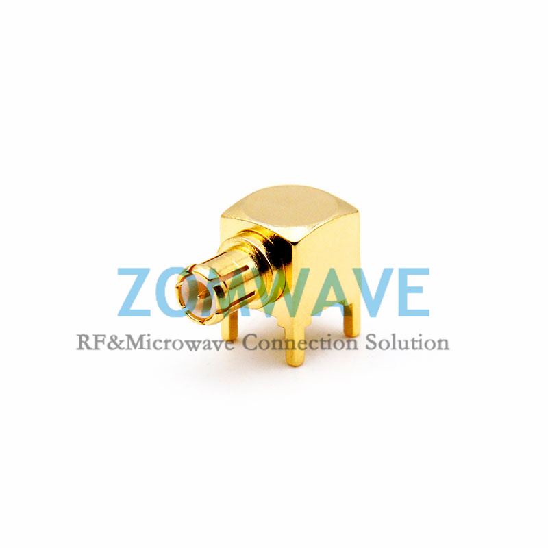 MCX Male Right Angle Thru Hole PCB Connector, .200 inch x .051 inch Hole, 6GHz