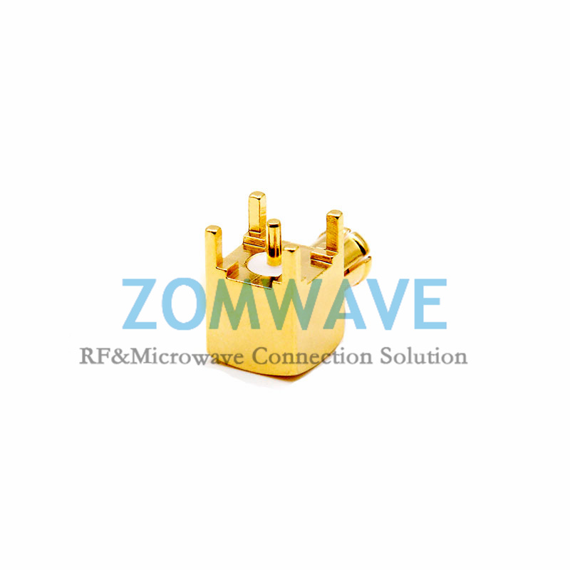 MCX Male Right Angle Thru Hole PCB Connector, .200 inch x .051 inch Hole, 6GHz