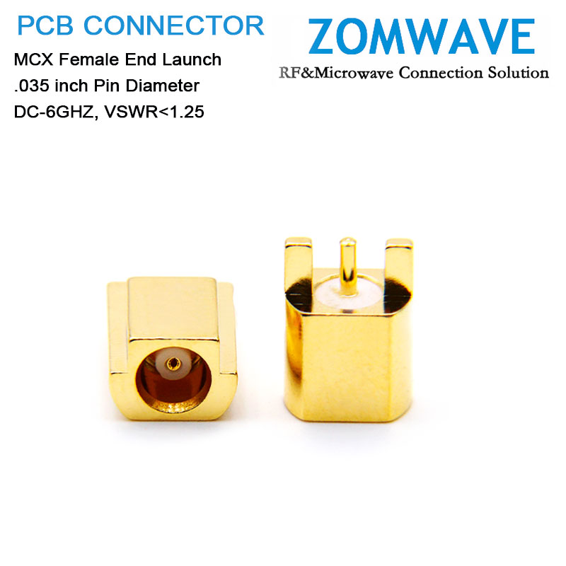 MCX Female End Launch PCB Connector,  .035 inch Pin Diameter, 6G