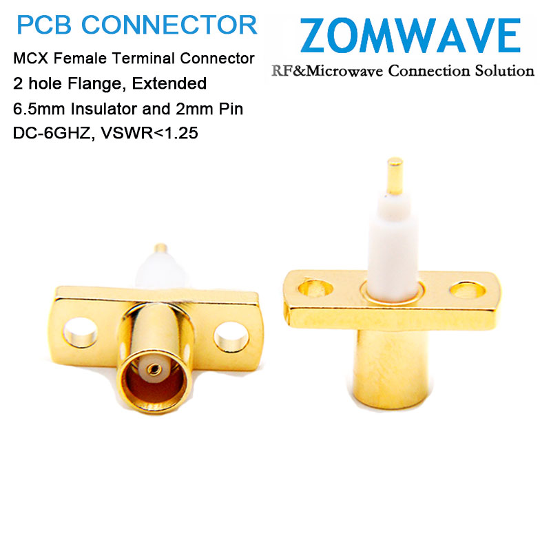 MCX Female Terminal, 2 hole Flange, Extended 6.5mm Insulator and 2mm Pin, 6ghz