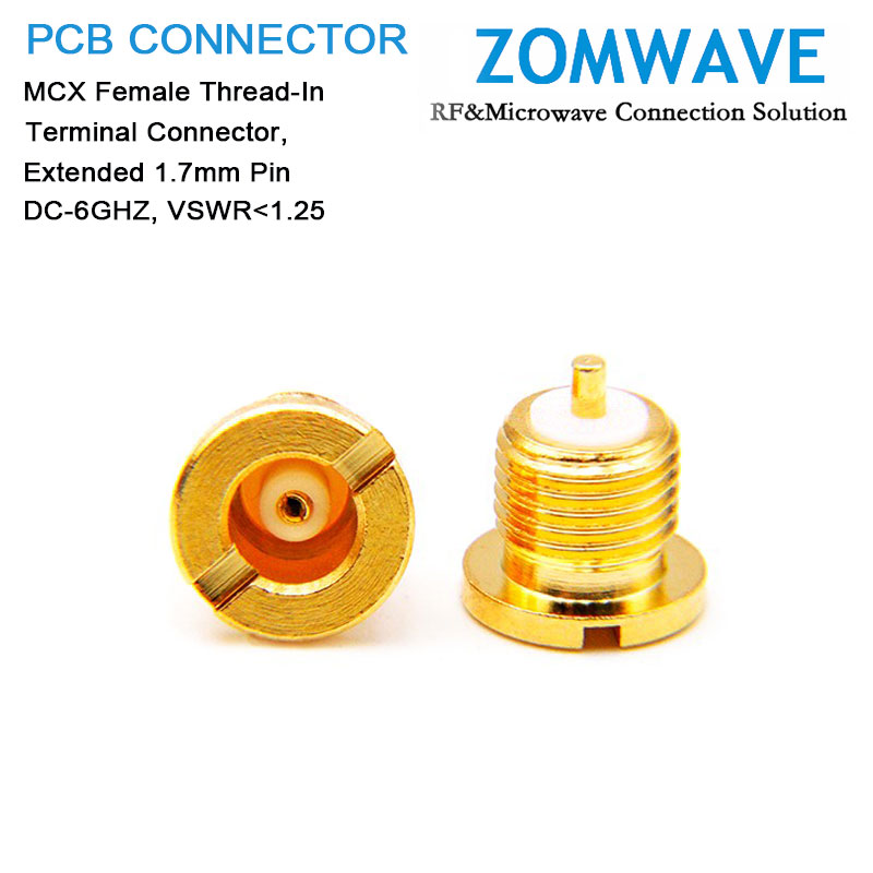 MCX Female Thread-In Terminal Connector,  Extended 1.7mm Pin, 6G