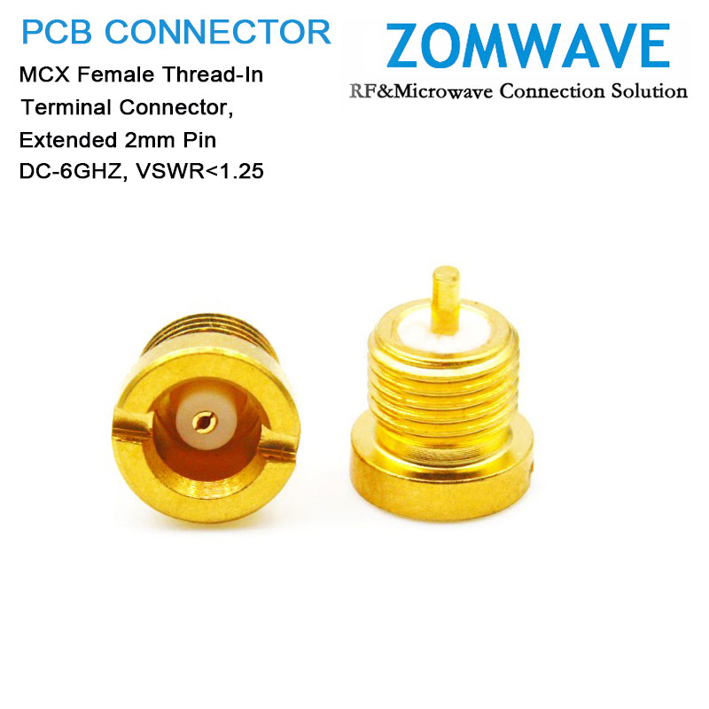 MCX Female Thread-In Terminal Connector,  Extended 2mm Pin, 6G