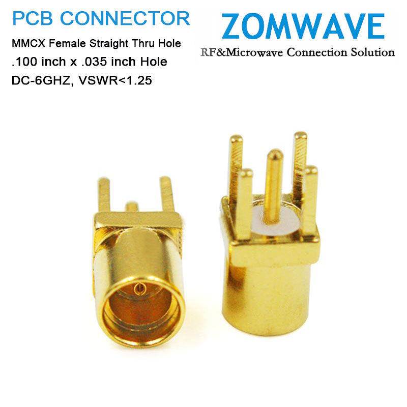 MMCX Female Straight Thru Hole, .100 inch x .035 inch Hole, 6ghz